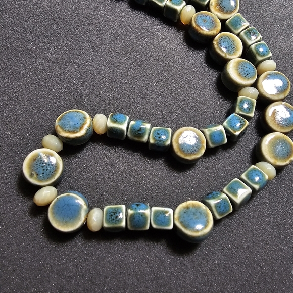 Boho Turquoise Ceramic/Porcelain Bead Statement Necklace Sterling Silver Clasp t - Picture 3 of 8